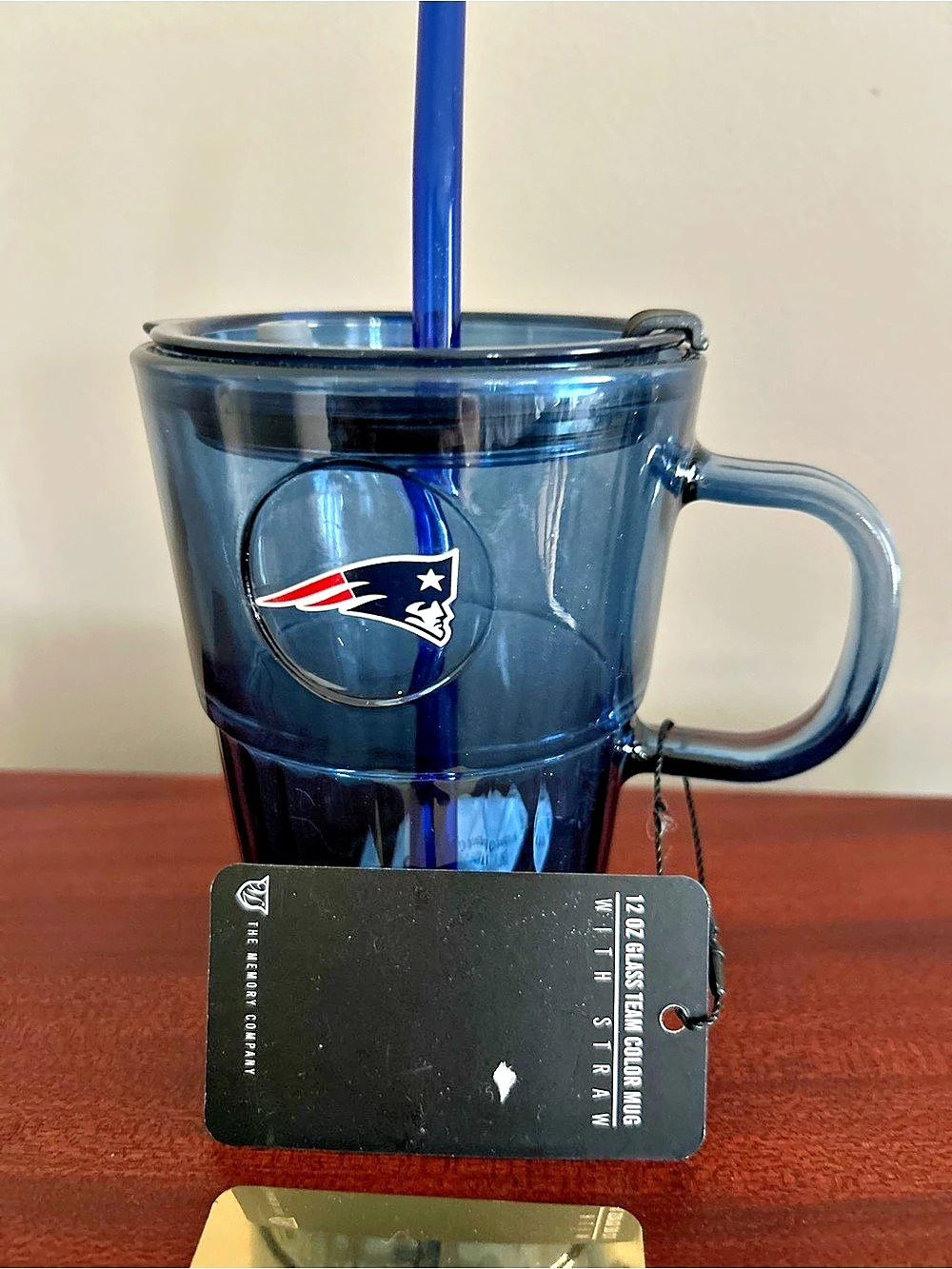 New England Patriots 12 Oz Glass Team Color Mug with Straw Blue NWT